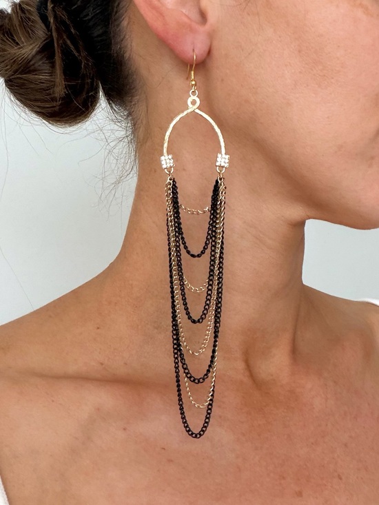 unbranded Jewelry - Vintage Style Two Toned Gold & Black Metal Long Dangling Chain Hoop Earrings